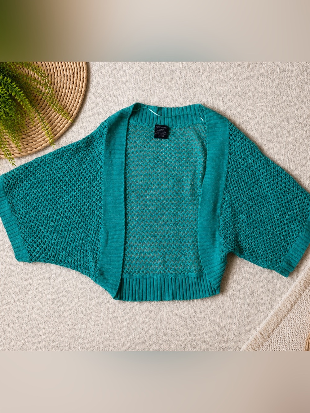 Faded Glory Teal Open-Knit Cropped Cardigan